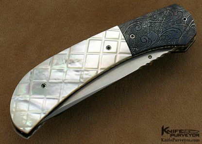 Aaron Frederick Custom Knives Sole Authorship Engraved Checkered Mother of Pearl & Damascus Linerlock - Image 3