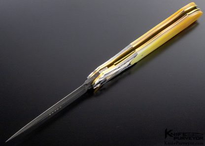 Owen Wood Custom Knife Sole Authorship "Chevron & Explosion" Damascus & South Sea Gold Lip Pearl Shell Linerlock Dagger Engraved By Amayak Stepanyan with 24Kt Gold Inlays - Image 5