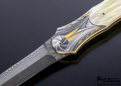 Owen Wood Custom Knife Sole Authorship "Chevron & Explosion" Damascus & South Sea Gold Lip Pearl Shell Linerlock Dagger Engraved By Amayak Stepanyan with 24Kt Gold Inlays - Image 2