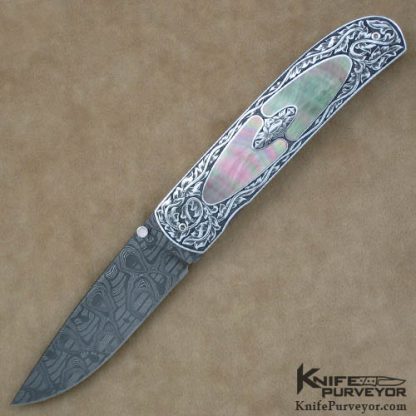 Andre van Heerden Custom Knife Blacklip Pearl Interframe Linerlock Engraved by Helen van Wyck