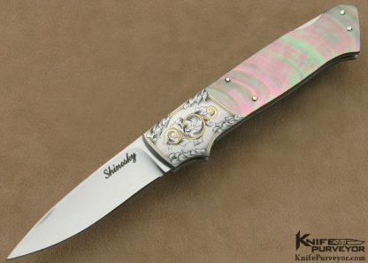 Andy Shinosky Custom Knives Ray Cover Jr. Engraved Black Lip Tahitian Pearl Shell Lockback