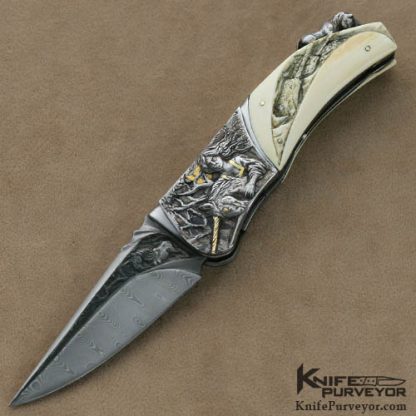 Arpad Bojtos Custom Knives Sole Authorship Carved & Engraved Mammoth Ivory & Damasteel Linerlock