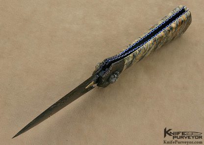 Arthur Whale Custom Knife Blued Carved Damascus, Damascus with Silver Skulls Inlaid Bolsters Linerlock Dagger - Image 11