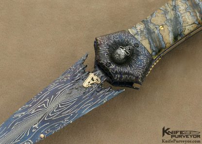 Arthur Whale Custom Knife Blued Carved Damascus, Damascus with Silver Skulls Inlaid Bolsters Linerlock Dagger - Image 2