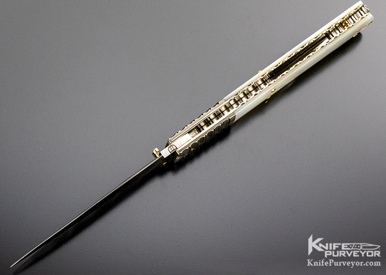 Barry Davis Custom Knife Sole Authorship Damascus Pearl Lockback Dagger with Gold Pins and Toothpick - Image 8
