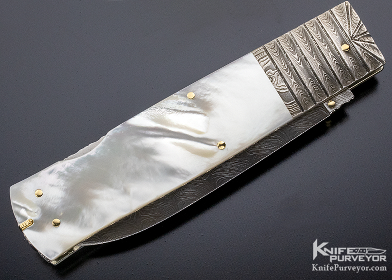 Barry Davis Custom Knife Sole Authorship Damascus Pearl Lockback Dagger with Gold Pins and Toothpick - Image 4