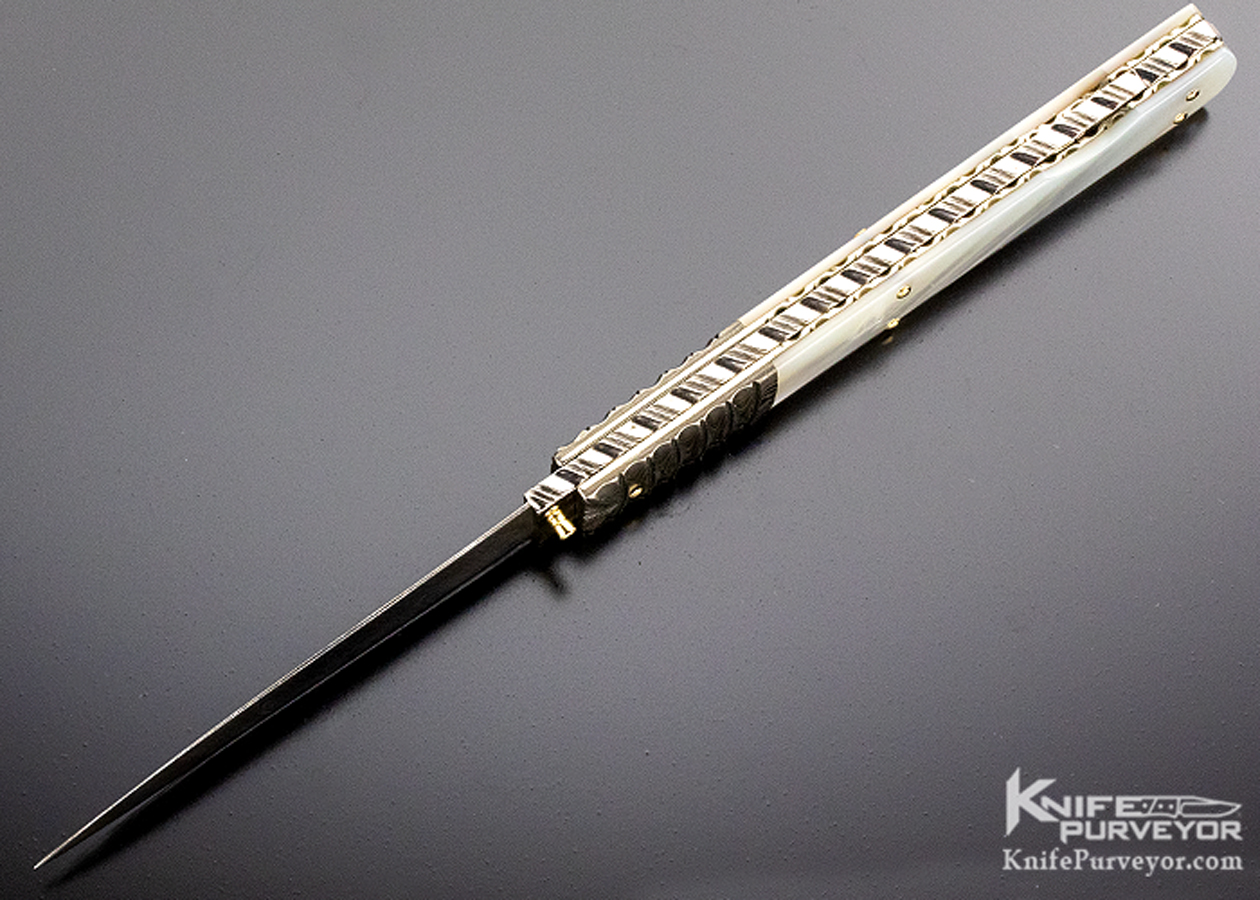 Barry Davis Custom Knife Sole Authorship Damascus Pearl Lockback Dagger with Gold Pins and Toothpick - Image 7