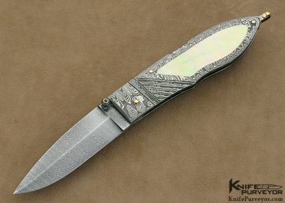 Barry Davis Custom Knife Sole Authorship Damascus & Fluted Mother of Pearl Goldlip Shell Interframe Lockback