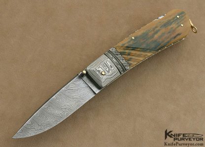 Barry Davis Custom Knife Sole Authorship Damascus & Fluted  Lockback with 14KT Gold Pins and Bale