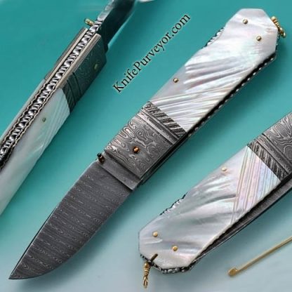 Barry Davis Custom Knife Mother of Pearl and Sole Authorship Damascus Lockback