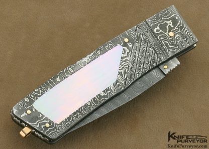 Barry Davis Custom Knife Sole Authorship Damascus & Fluted South Sea Goldlip Shell Interframe Lockback - Image 3