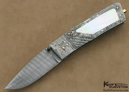 Barry Davis Custom Knife Sole Authorship Damascus & Fluted South Sea Goldlip Shell Interframe Lockback