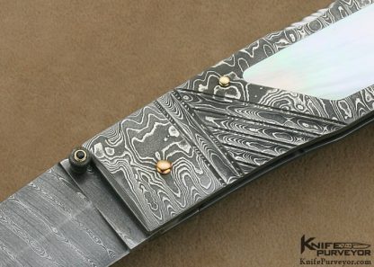 Barry Davis Custom Knife Sole Authorship Damascus & Fluted South Sea Goldlip Shell Interframe Lockback - Image 2