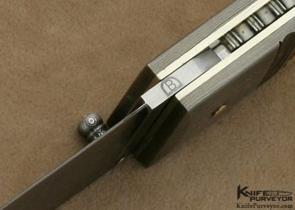 Barry Davis Custom Knife Rick Fields Scrimshawed Mammoth Ivory and Sole Authorship Damascus Lockback with 14Kt Gold Pins, Bale and Toothpick - Image 6