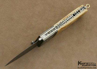 Barry Davis Custom Knife Rick Fields Scrimshawed Mammoth Ivory and Sole Authorship Damascus Lockback with 14Kt Gold Pins, Bale and Toothpick - Image 5