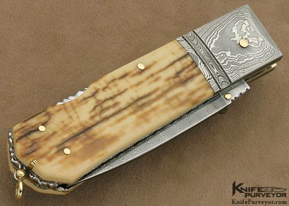 Barry Davis Custom Knife Rick Fields Scrimshawed Mammoth Ivory and Sole Authorship Damascus Lockback with 14Kt Gold Pins, Bale and Toothpick - Image 2