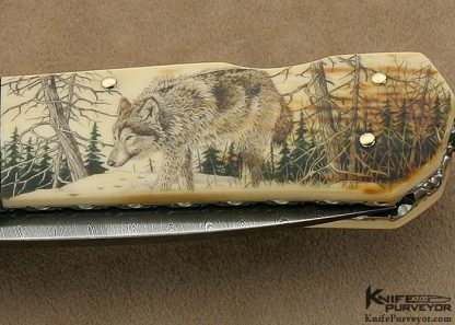 Barry Davis Custom Knife Rick Fields Scrimshawed Mammoth Ivory and Sole Authorship Damascus Lockback with 14Kt Gold Pins, Bale and Toothpick - Image 4