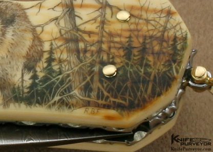 Barry Davis Custom Knife Rick Fields Scrimshawed Mammoth Ivory and Sole Authorship Damascus Lockback with 14Kt Gold Pins, Bale and Toothpick - Image 7