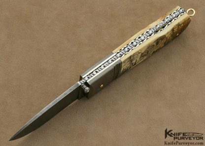 Barry Davis Custom Knife Rick Fields Scrimshawed Mammoth Ivory and Sole Authorship Damascus Lockback with 14Kt Gold Pins, Bale and Toothpick - Image 3