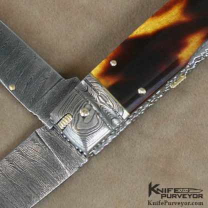 Barry Davis Custom Knife Sole Authorship Damascus & Antique Tortoise Shell 4 Bladed Congress with Gold Toothpick, Spacer and Pins - Image 2