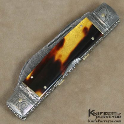 Barry Davis Custom Knife Sole Authorship Damascus & Antique Tortoise Shell 4 Bladed Congress with Gold Toothpick, Spacer and Pins - Image 3