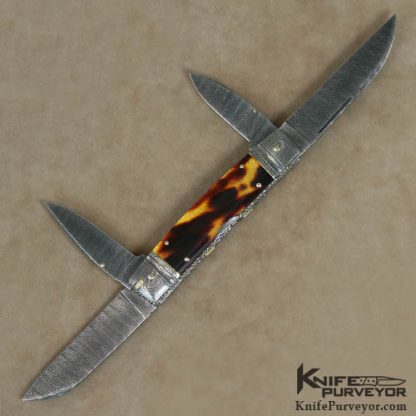 Barry Davis Custom Knife Sole Authorship Damascus & Antique Tortoise Shell 4 Bladed Congress with Gold Toothpick, Spacer and Pins