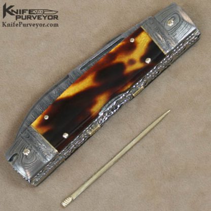 Barry Davis Custom Knife Sole Authorship Damascus & Antique Tortoise Shell 4 Bladed Congress with Gold Toothpick, Spacer and Pins - Image 6