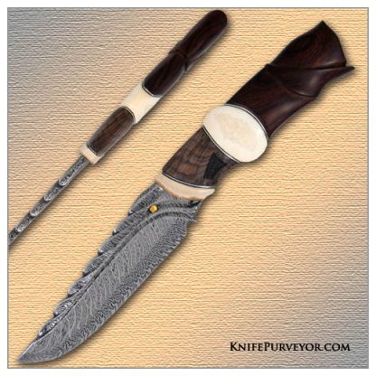 Roger Bergh's Custom Knife: Featured in Dr. Darom's "Art and Design in Modern Custom Fixed Blade" book with Sole Authorship Damascus, Mammoth Ivory, Fossilized Walrus Ivory and Carved Ironwood Scales