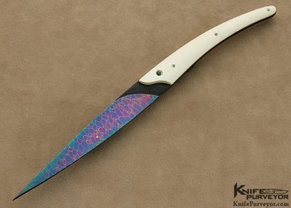 Bertie Rietveld Custom Knife Carved Blued Sole Authorship "Nebula" Damascus & White Mammoth Ivory "Twiggy" Fixed Blade