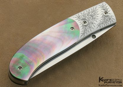 Bill Ankrom Custom Knife Simon Lytton Engraved Black Lip Tahitian Pearl Shell with South Sea Gold Lip Pearl Escutcheon Linerlock - Image 3