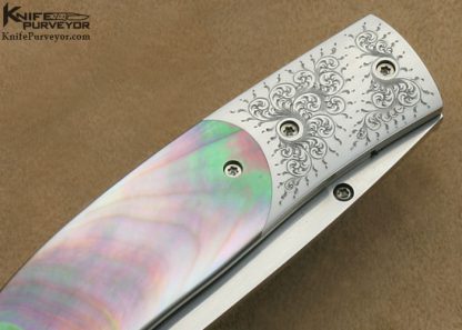 Bill Ankrom Custom Knife Simon Lytton Engraved Black Lip Tahitian Pearl Shell with South Sea Gold Lip Pearl Escutcheon Linerlock - Image 4