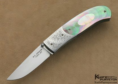 Bill Ankrom Custom Knife Simon Lytton Engraved Black Lip Tahitian Pearl Shell with South Sea Gold Lip Pearl Escutcheon Linerlock