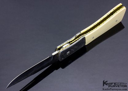 Bill King Custom Knife Low Layer Count Damascus and Mammoth with Ruby Inlaid Release Linerlock - Image 5