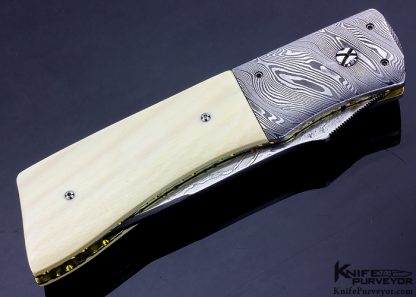 Bill King Custom Knife Low Layer Count Damascus and Mammoth with Ruby Inlaid Release Linerlock - Image 3