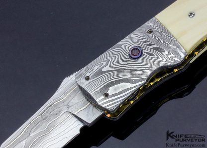 Bill King Custom Knife Low Layer Count Damascus and Mammoth with Ruby Inlaid Release Linerlock 12014