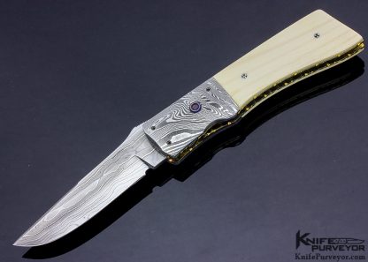 Bill King Custom Knife Low Layer Count Damascus and Mammoth with Ruby Inlaid Release Linerlock 12014