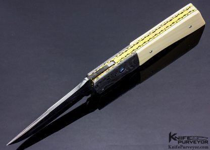 Bill King Custom Knife Low Layer Count Damascus and Mammoth with Ruby Inlaid Release Linerlock - Image 4