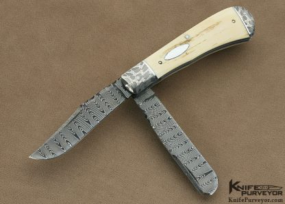 Bill Ruple Custom Knife Ladder Pattern Damascus and Chris Marks Damascus, 2 Blade Trapper Slipjoint