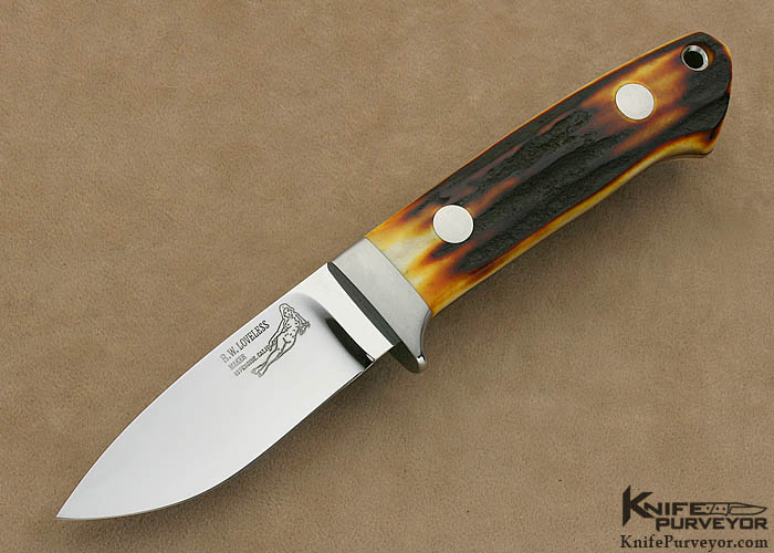 Bob Loveless Custom Knife Amber Stag Double Nude Logo Drop Point Hunter Scaled Down in Size for the Japanese Market