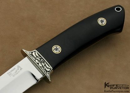 Bob Loveless Custom Knife Ron Skaggs Engraved Early Riverside Small Nude Logo Chute with Black Canvas Micarta, Nickel Silver Guard and Aluminum Thong Hole - Image 2