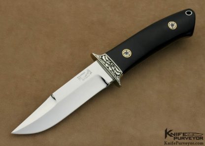 Bob Loveless Custom Knife Ron Skaggs Engraved Early Riverside Small Nude Logo Chute with Black Canvas Micarta, Nickel Silver Guard and Aluminum Thong Hole