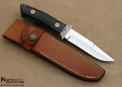 Bob Loveless Custom Knife Ron Skaggs Engraved Early Riverside Small Nude Logo Chute with Black Canvas Micarta, Nickel Silver Guard and Aluminum Thong Hole - Image 7