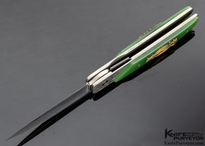 Bob Terzuola Custom Knives Jon Robyn Engraved Barrett Smythe Green Apple Jade & 18 Kt Gold Linerlock - Image 5