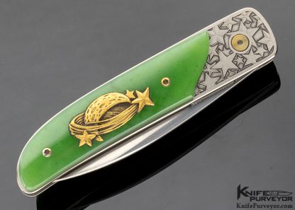 Bob Terzuola Custom Knives Jon Robyn Engraved Barrett Smythe Green Apple Jade & 18 Kt Gold Linerlock - Image 3