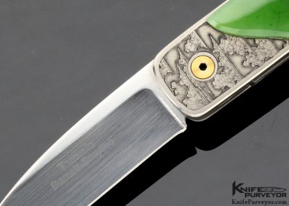 Bob Terzuola Custom Knives Jon Robyn Engraved Barrett Smythe Green Apple Jade & 18 Kt Gold Linerlock - Image 2