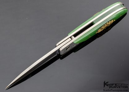 Bob Terzuola Custom Knives Jon Robyn Engraved Barrett Smythe Green Apple Jade & 18 Kt Gold Linerlock - Image 4