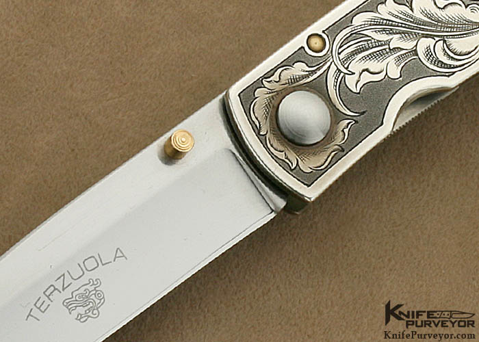 Bob Terzuola Custom Knife Simon Lytton Engraved Sterling Silver Frame with 18 Kt Gold Thumbstud - Image 2
