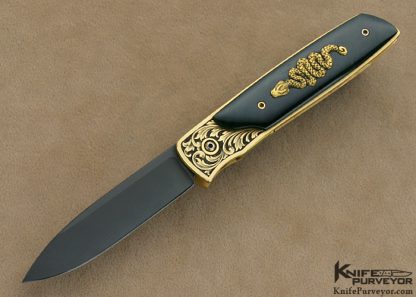 Bob Terzuola Custom Knives Jon Robyn Engraved 18Kt Gold & Black Edwards Jade with Black Ceramic Blade Barrett Smythe Linerlock