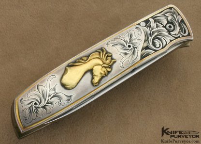 Bob Terzuola Custom Knives Ron Skaggs Engraved Sterling Silver Barrett Smythe Linerlock with Sculpted Built Up 24Kt Gold - Image 4