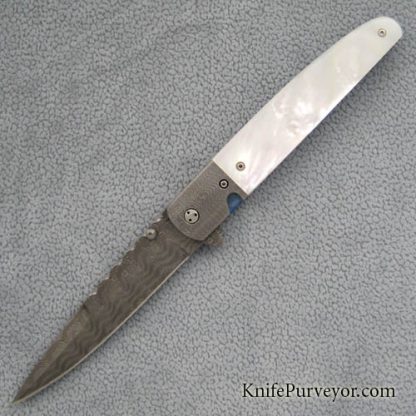 Phil Boguszewski Custom Knife Very Fancy King Asp Damascus Flipper, with Mother of Pearl Scales and Corrugated Liners